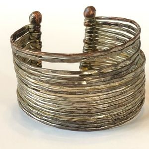 Layered Cuff Bangle Bracelet Hammered Silver Brass